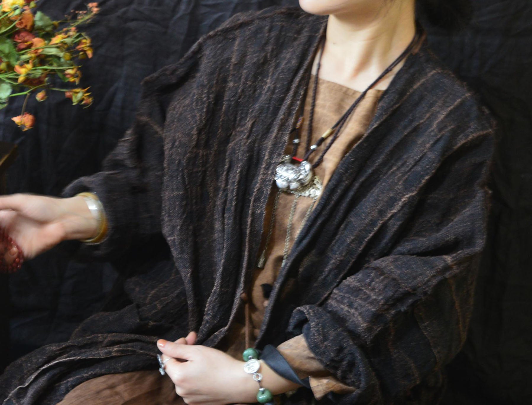 edoa Loose Fitting Persimmon Dyed Hand Woven Linen Cardigan Coat 