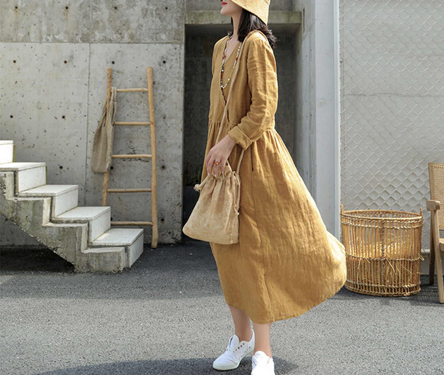 edoa V Neckline Linen Maxi Dress 