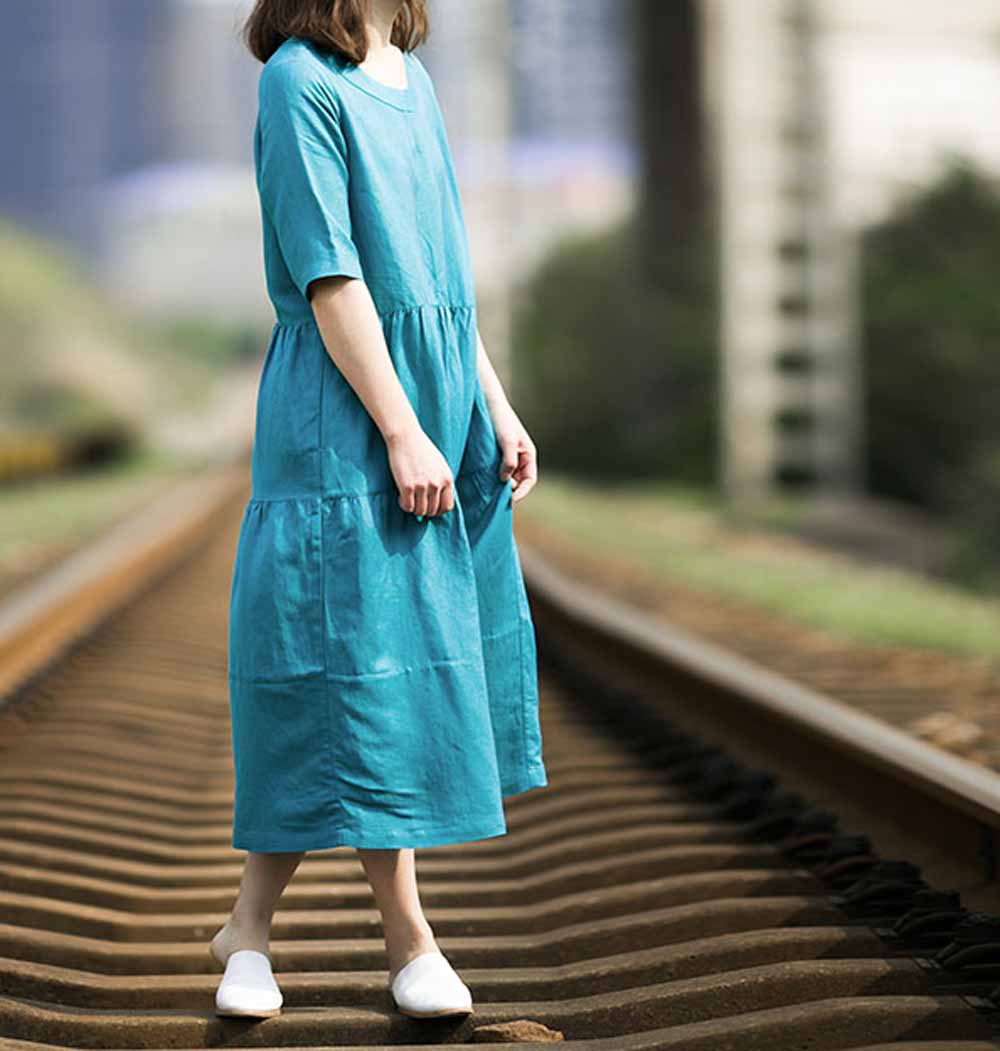 edoa Blue Summer Linen Dress