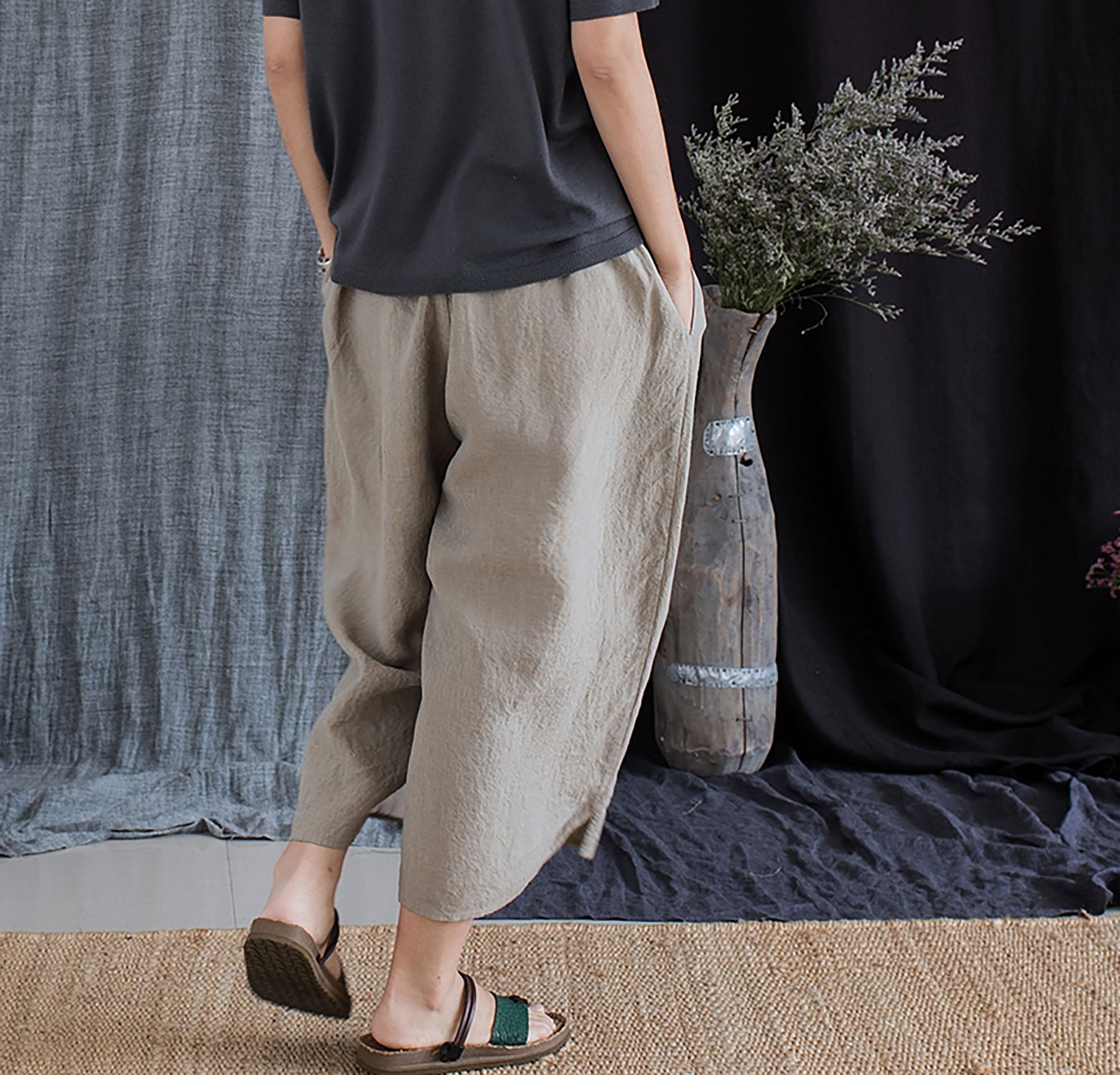 edoa Yarn Dyed French Linen Wide Pants