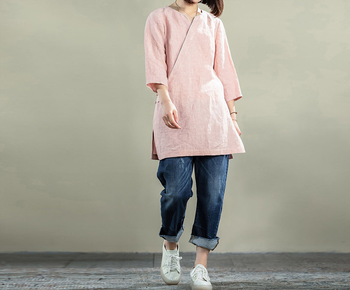 edoa Washed French Linen Qipao Top 