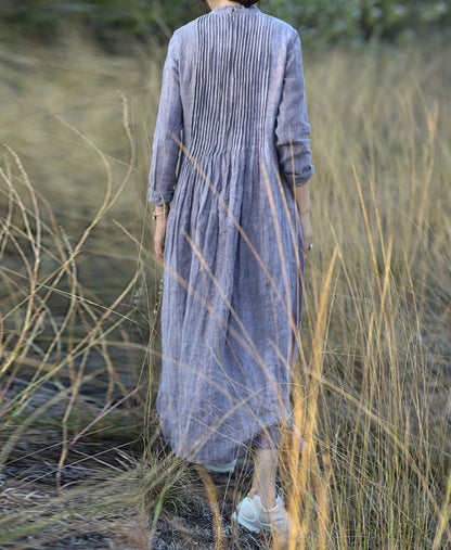 edoa Pintucked Ribbon Collar Distressed Crinkled Linen Dress