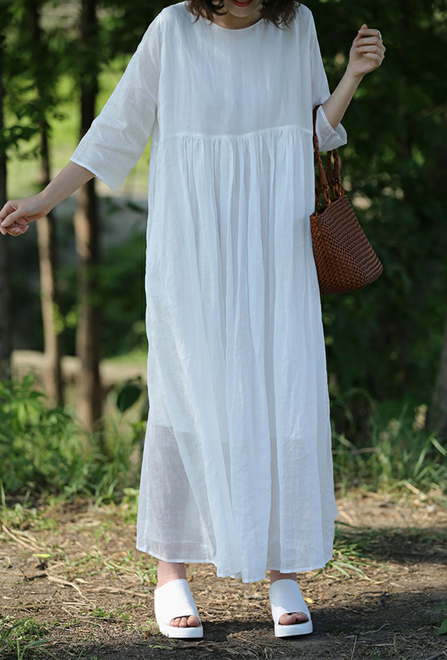 edoa White High Counted Ramie Maxi Dress