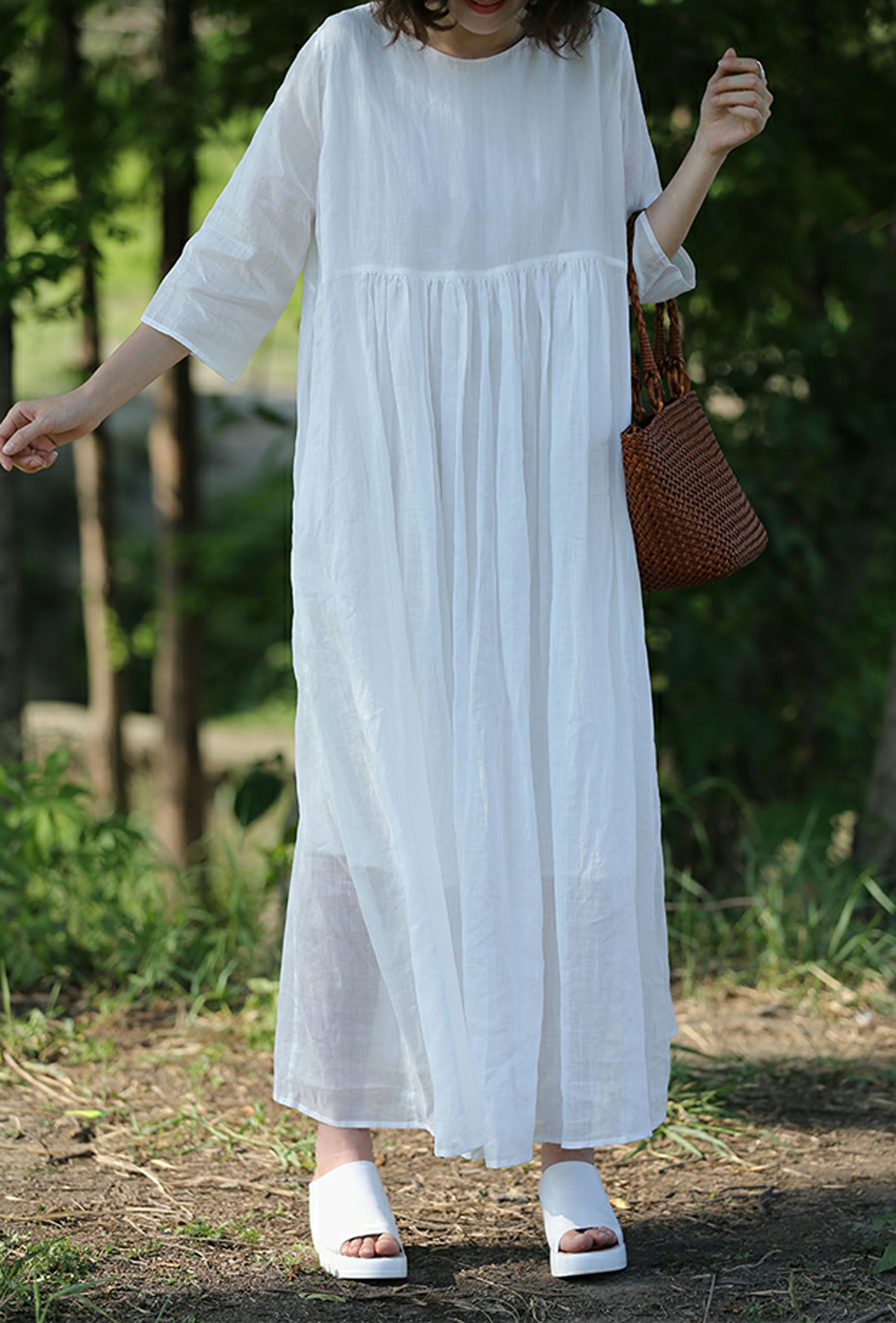 edoa White High Counted Ramie Maxi Dress