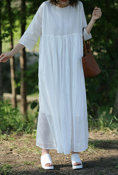 edoa White High Counted Ramie Maxi Dress