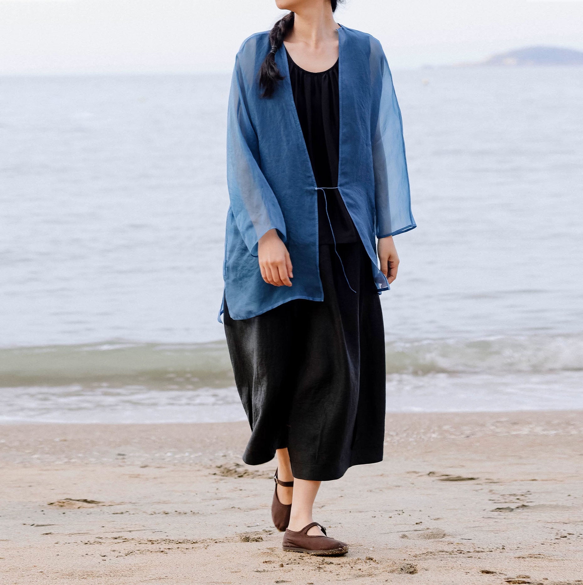 edoa Indigo Blue Mulberry Silk Organza Jacket 