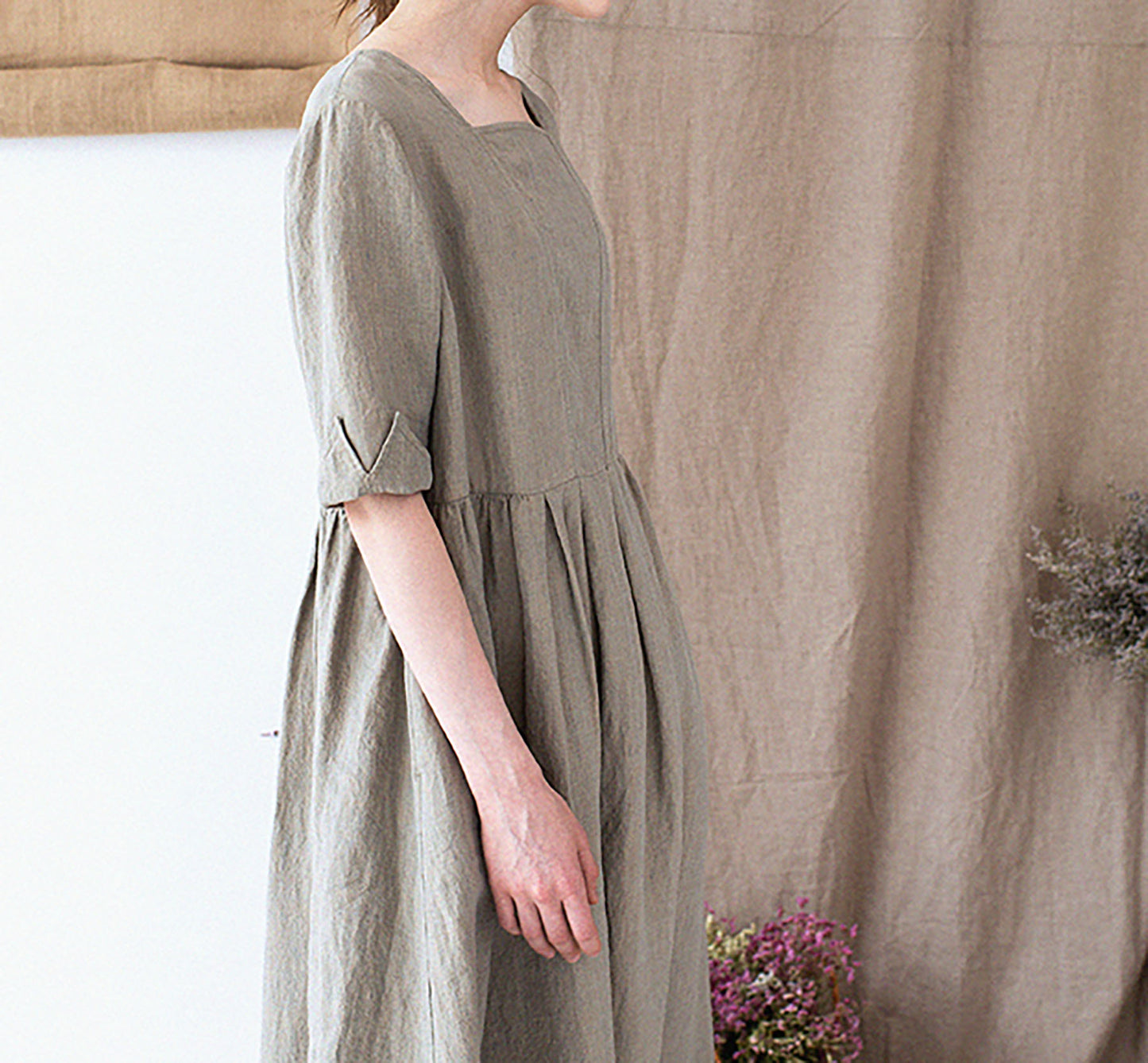 edoa Yarn dyed French Linen Square Neck Half Sleeve Dress