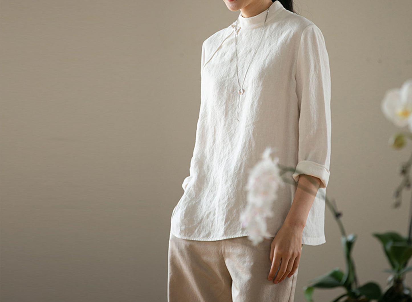 edoa Washed Linen Modified Qipao Top