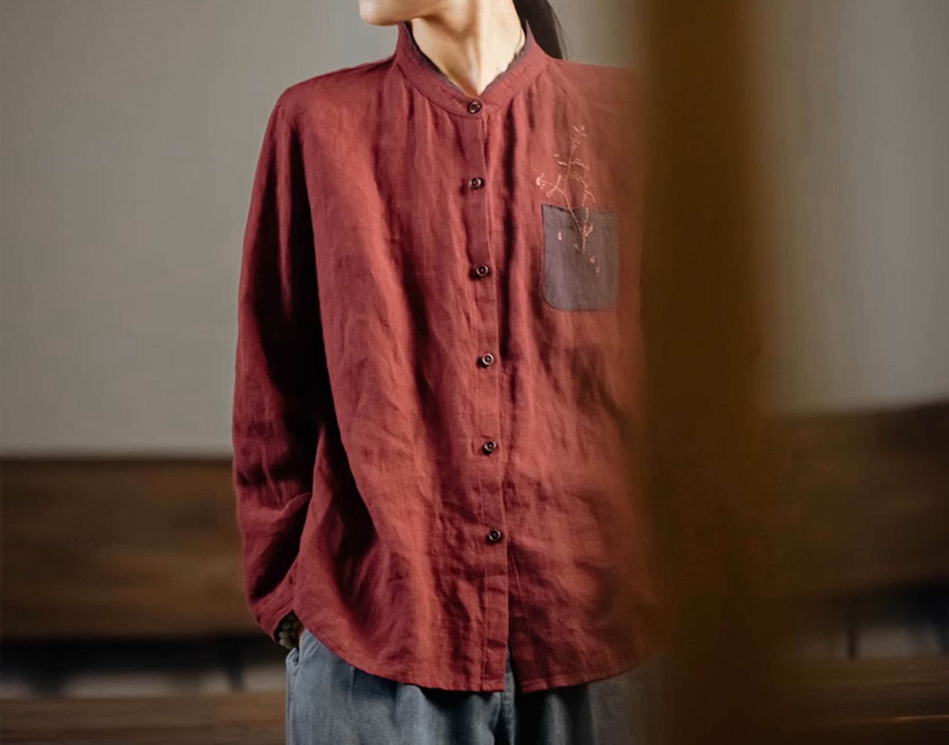 edoa Stand Collar Blouse with Hand Embroidery