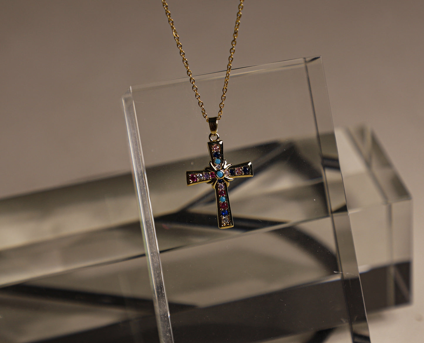 edoa Vivid Minimalist Dainty Multi-Gemstone Cross Necklace
