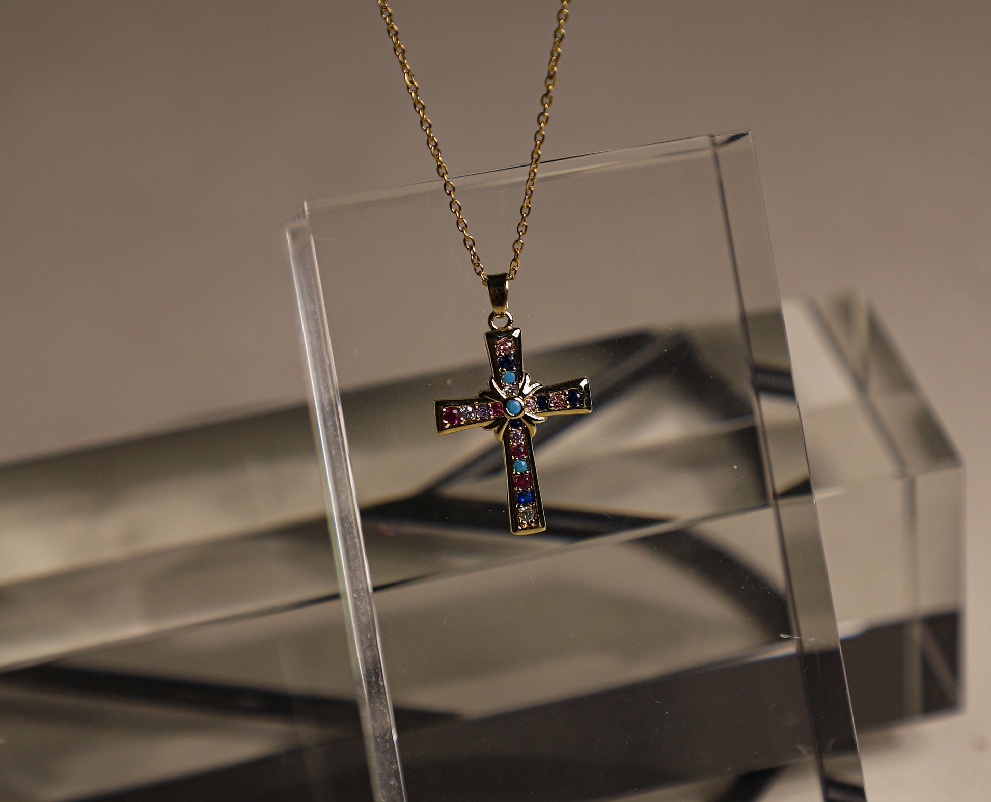 edoa Vivid Minimalist Dainty Multi-Gemstone Cross Necklace