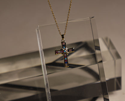 edoa Vivid Minimalist Dainty Multi-Gemstone Cross Necklace