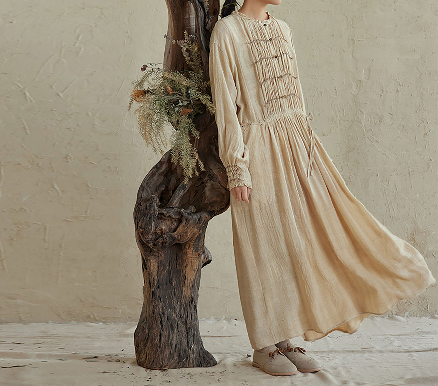 edoa Natural Raw TussaH Silk Smocking Shirt Dress
