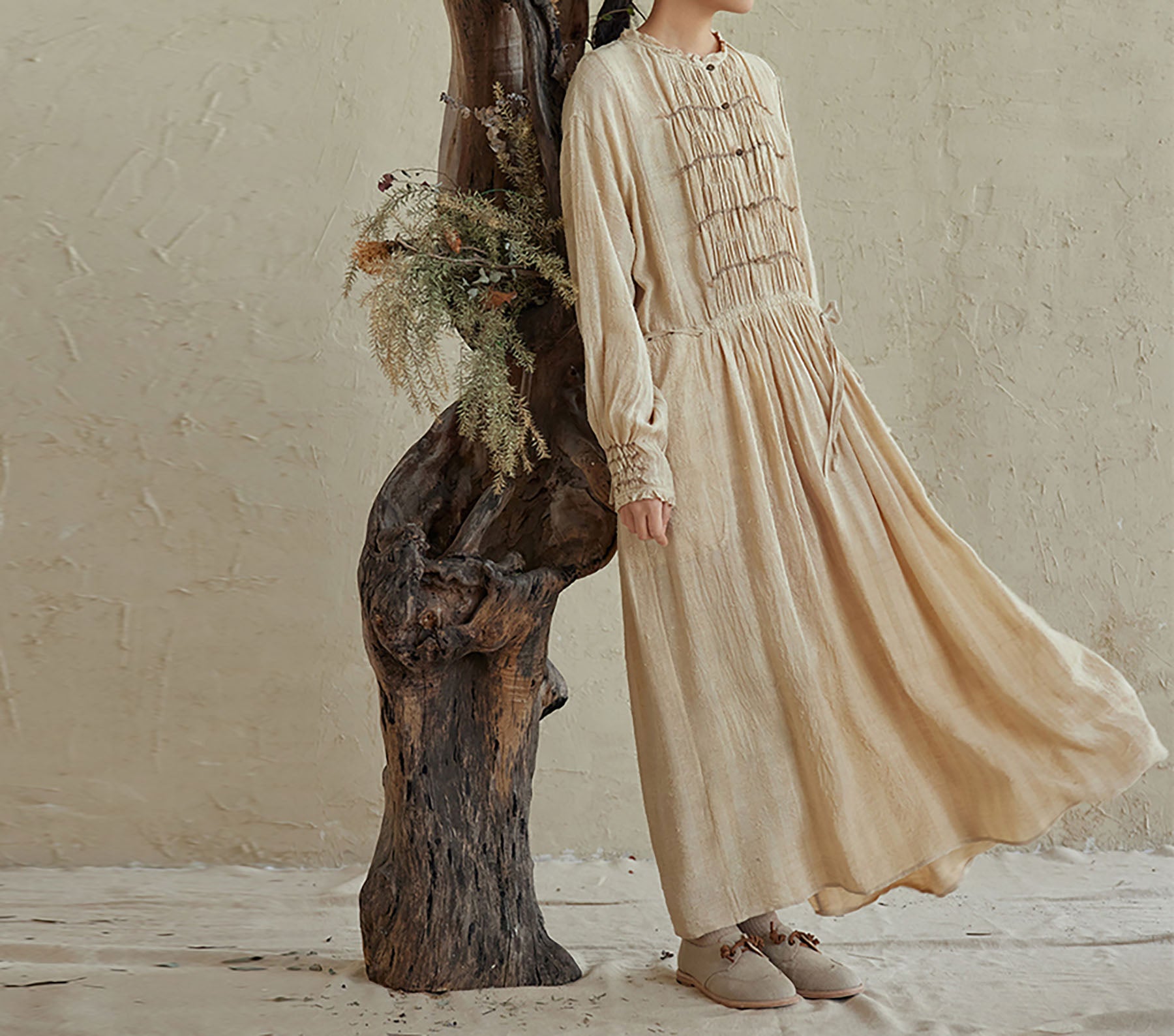 edoa Natural Raw TussaH Silk Smocking Shirt Dress