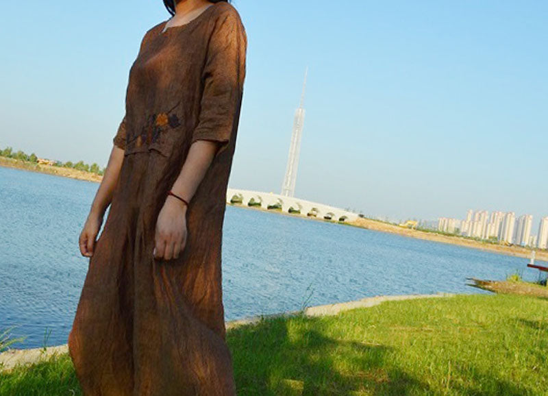 edoa Yarn dyed Linen Dress with Hand Embroidery 