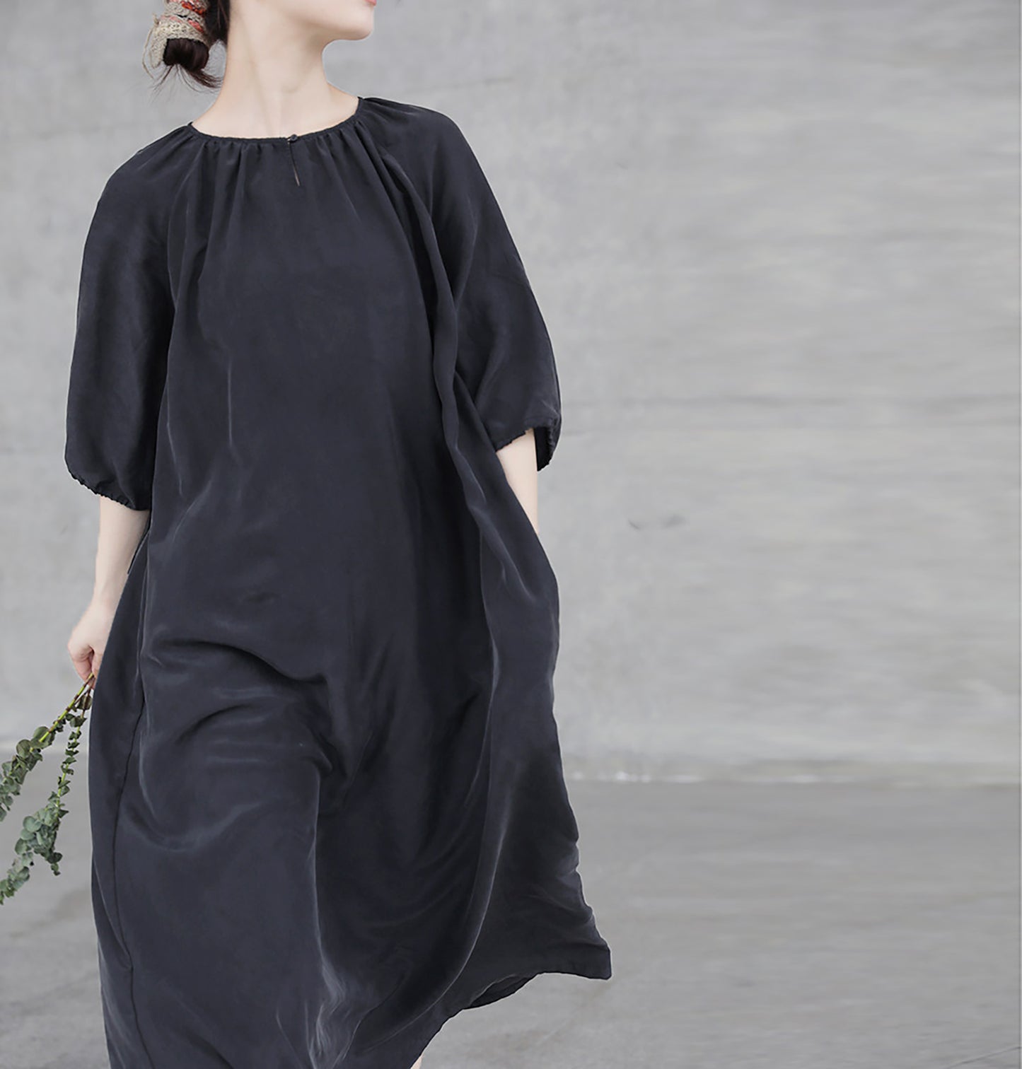 edoa Black Sand Washed Mulberry Silk Habotati Dress
