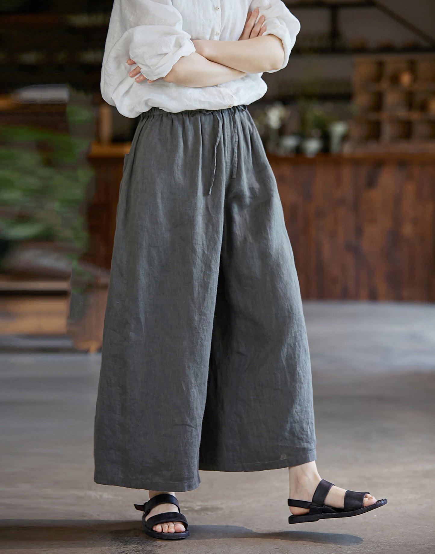 edoa Gray Linen Wide Leg Pants