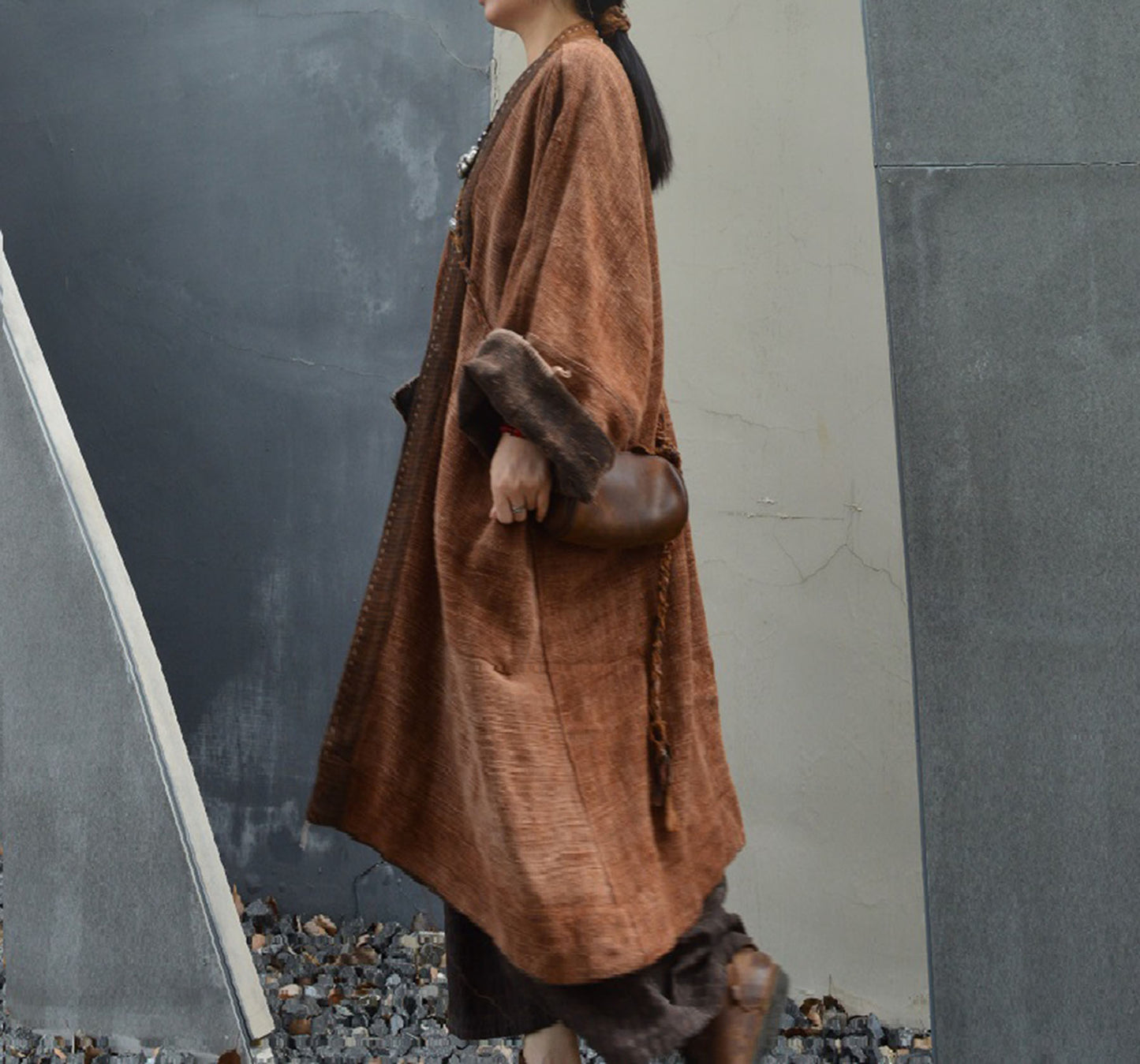 edoa Reversible Oversized Mud Tussah Silk Kimono Coat