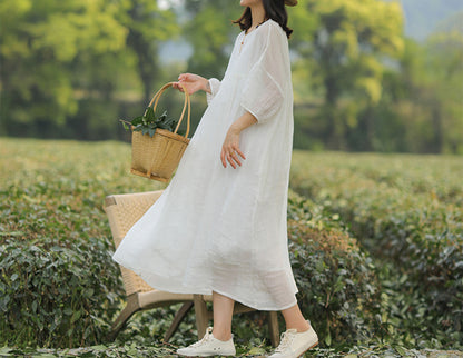 edoa High Counted Crinkled Ramie Dress 