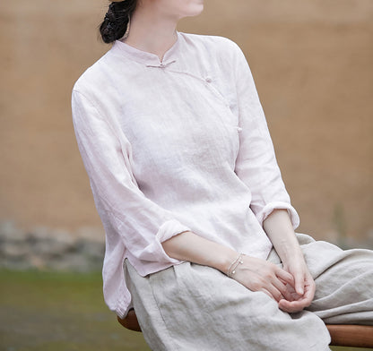 edoa Pink Linen Chinese Qipao Blouse
