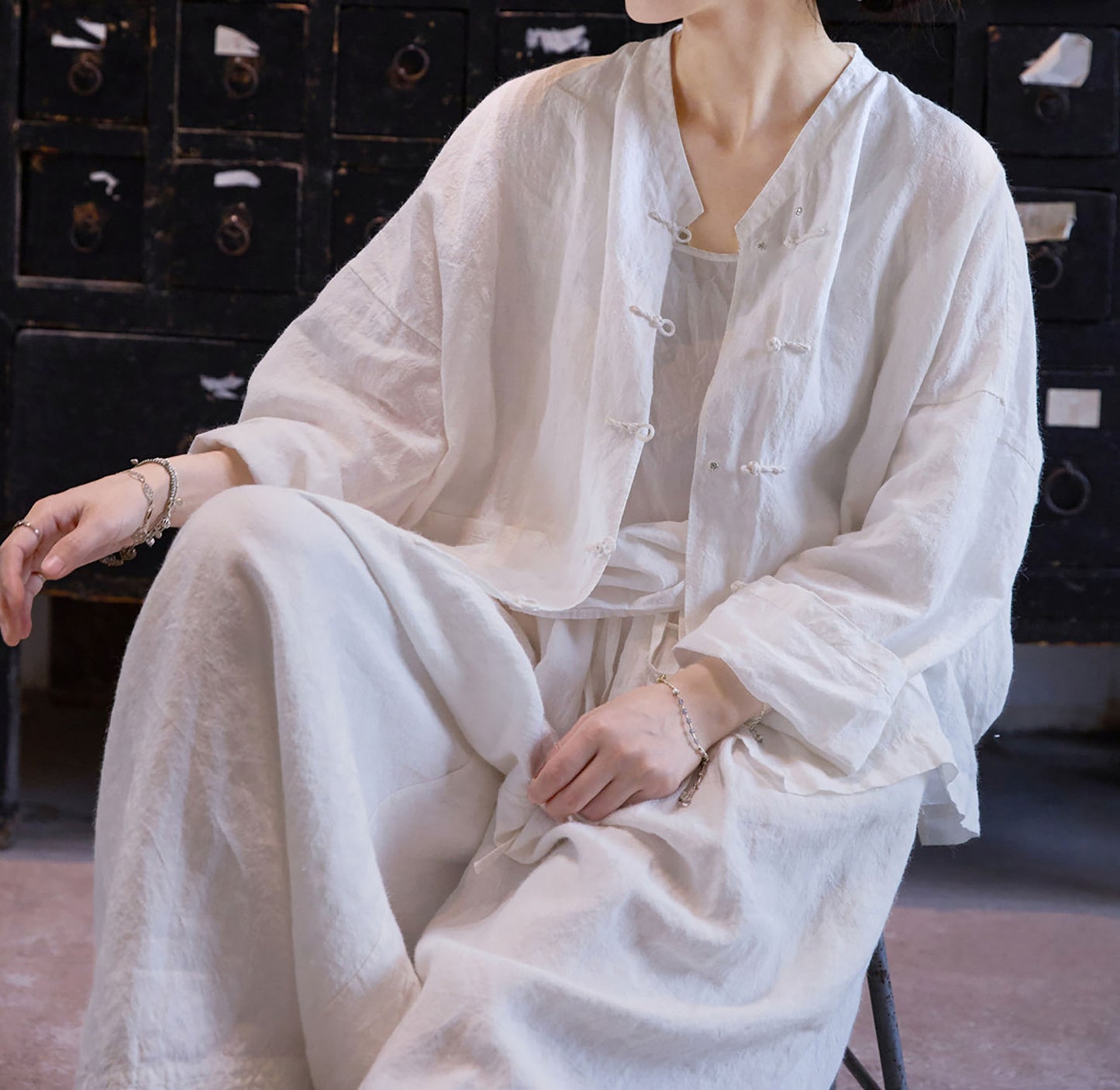 edoa Oversized Summer Oriental White Washed Ramie Chinese V-neck Button-up Shirt