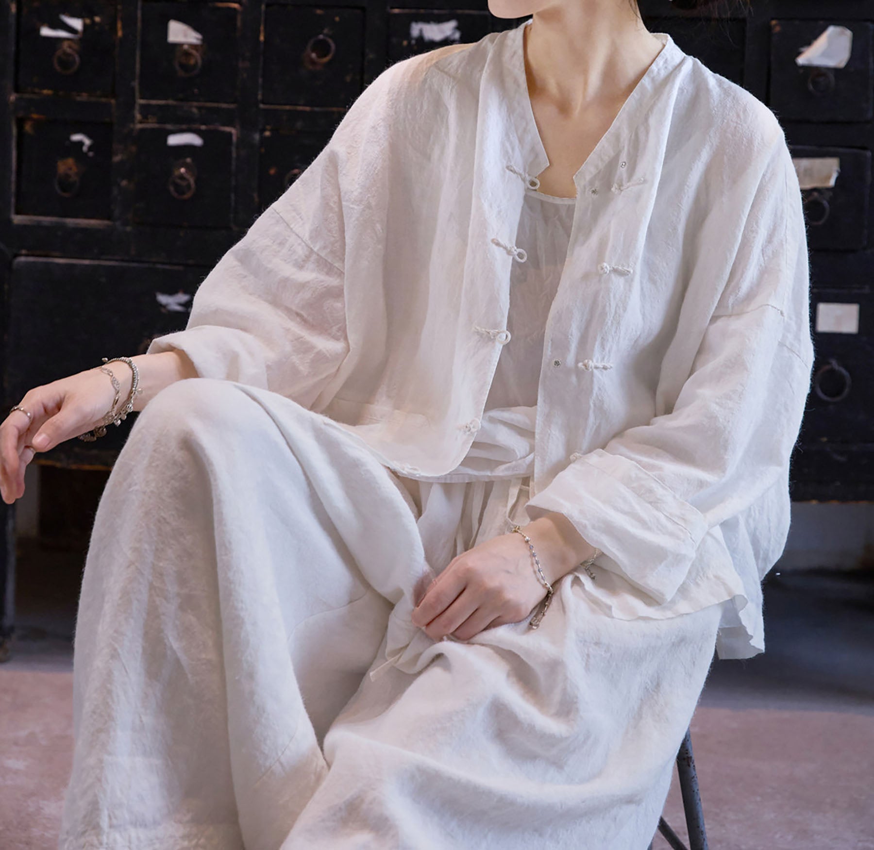 edoa Oversized Summer Oriental White Washed Ramie Chinese V-neck Button-up Shirt