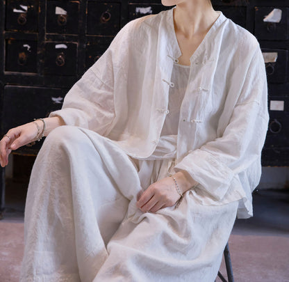 edoa Oversized Summer Oriental White Washed Ramie Chinese V-neck Button-up Shirt