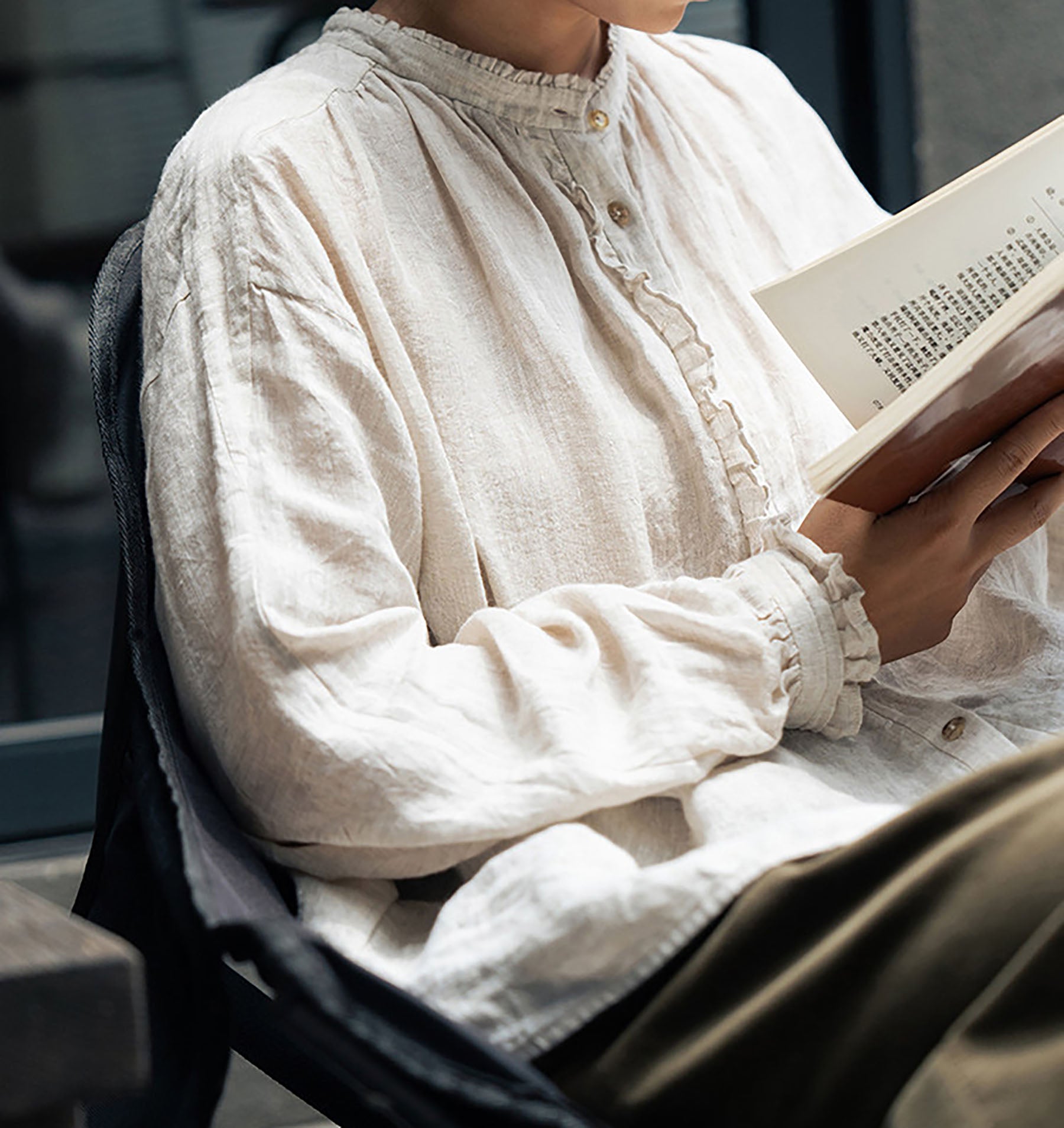 edoa Flax Linen Ruffled Blouse