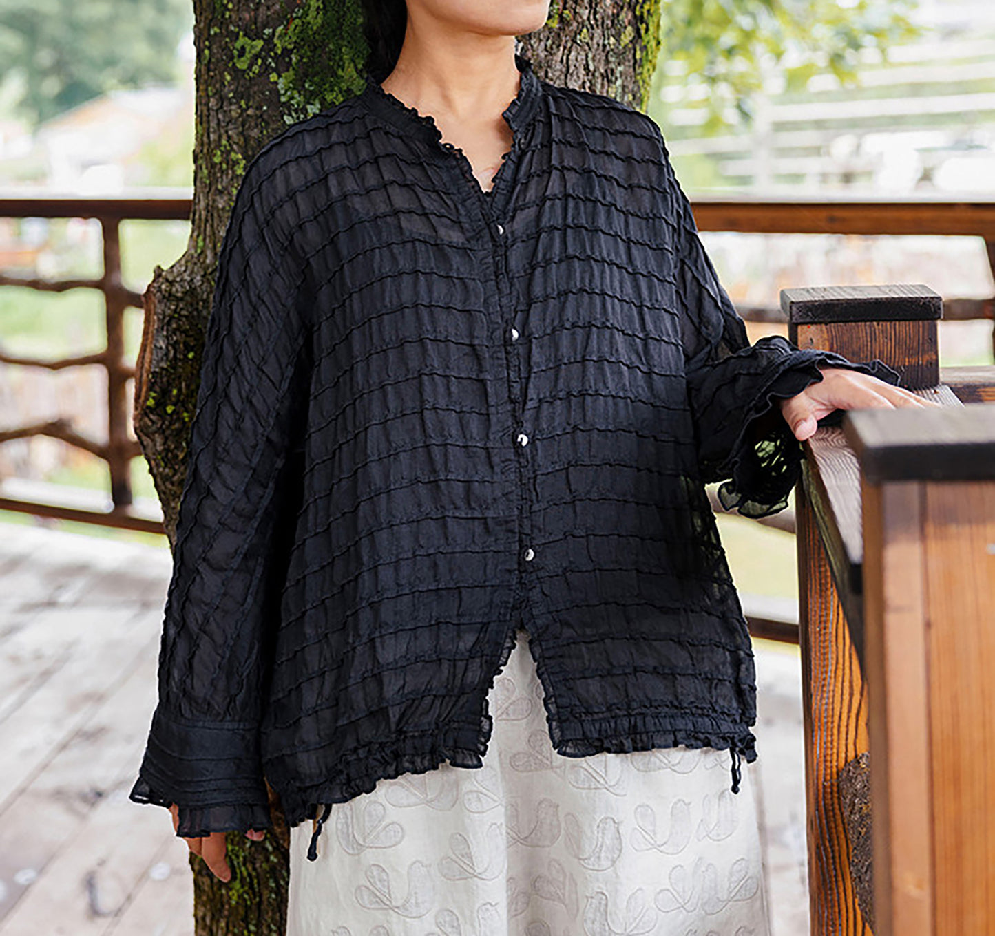 edoa Long Sleeve Ramie Pintuck Ruffle Blouse