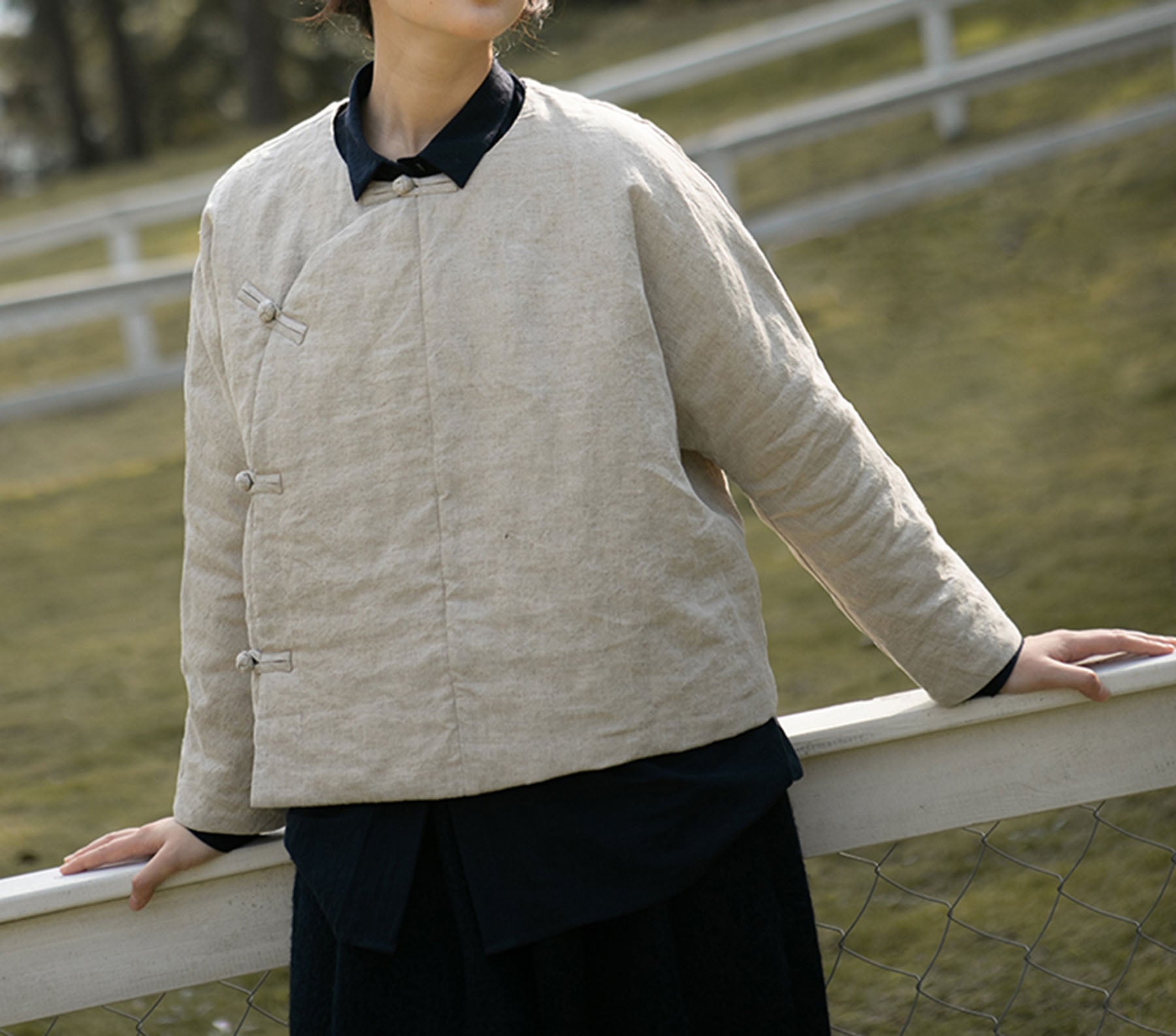 edoa Collarless Flax Linen Goose Down Chinese Jacket 