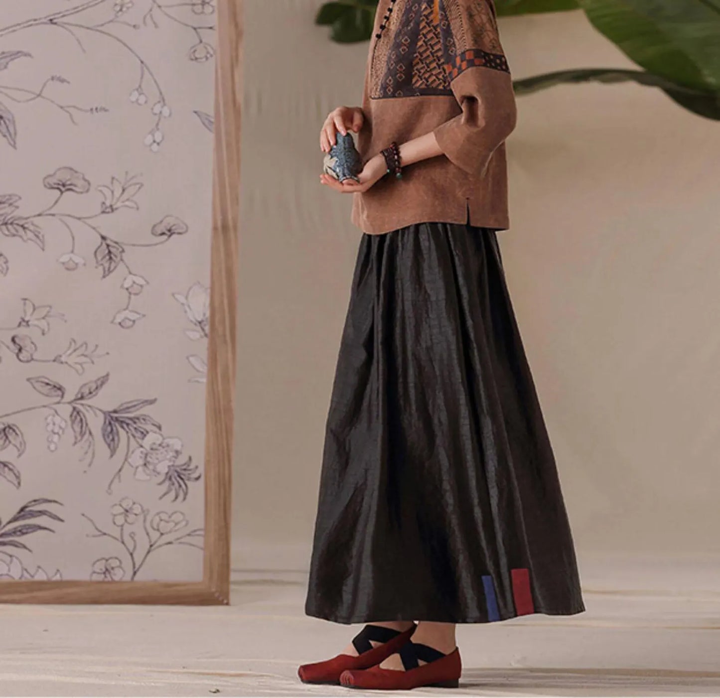 edoa Cracked Mud Silk Patchwork Maxi Skirt