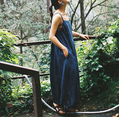 edoa Indigo Blue Linen Cocoon Shape Overall Dress