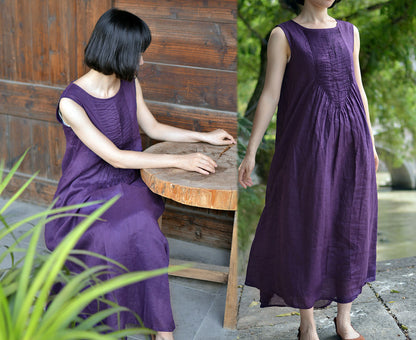 edoa Hand Pintucked Ramie Floor-length Tank Dress 