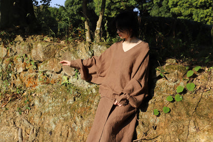edoa Brown Linen V-neck Blouse with Balloon Sleeves