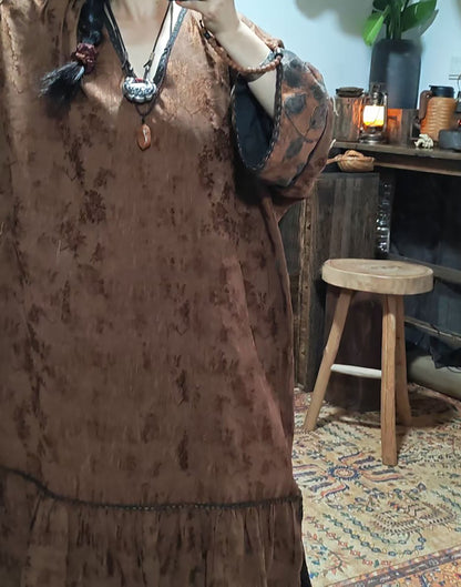 Mud Silk Linen Blend Jacquard V-neck Ruffled Hem Tunic Dress dr0402 X334