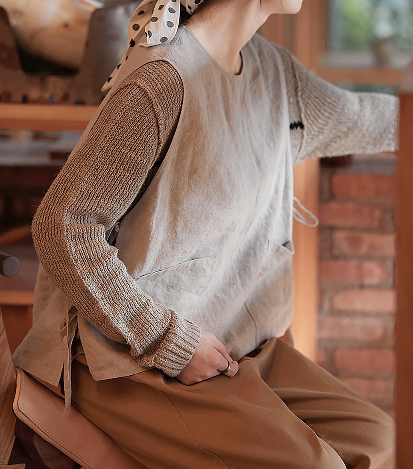 edoa Loose Flax Linen Two-piece Pullover Tie Vest