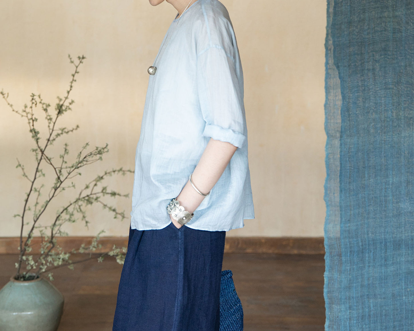 edoa High Counted Ramie 3/4 Sleeves Blouse 