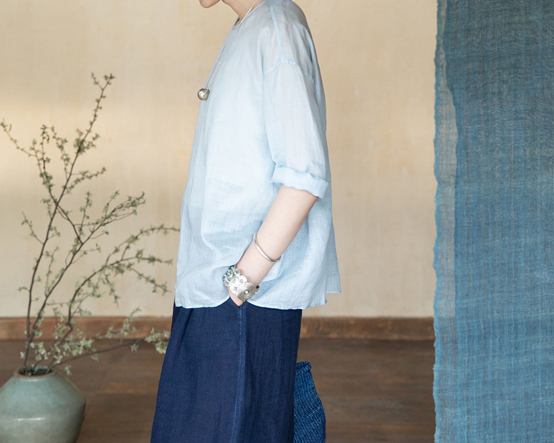 edoa High Counted Ramie 3/4 Sleeves Blouse 