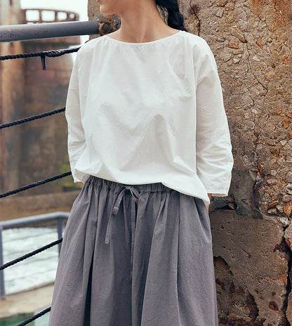edoa White Loose Fitting Dolman Sleeves  Cotton Pullover Shirt