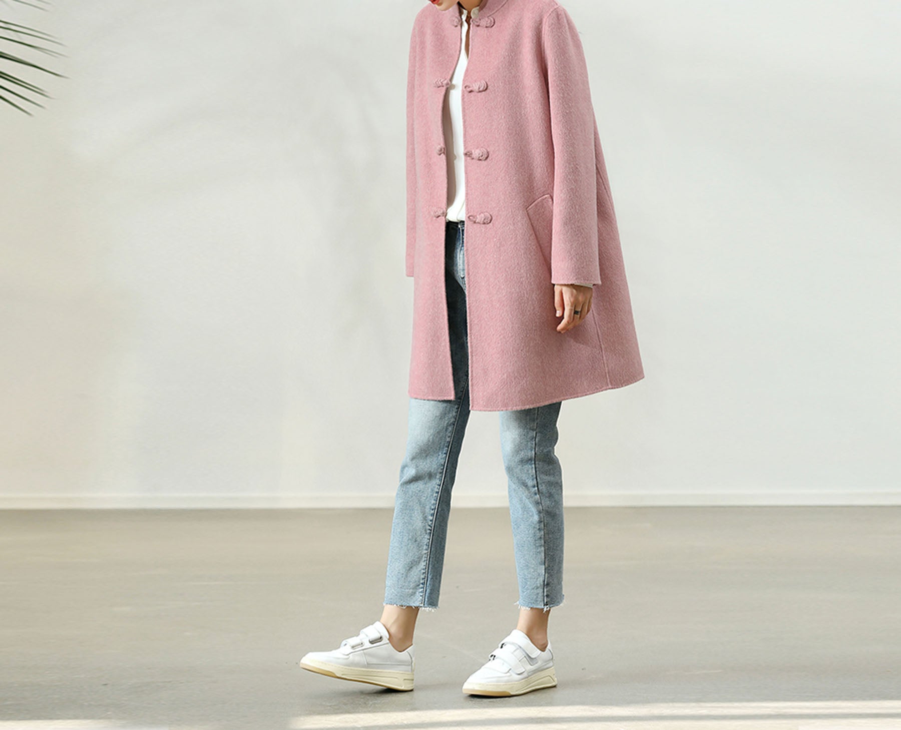 edoa Pink Double-faced Wool Chinese Coat 