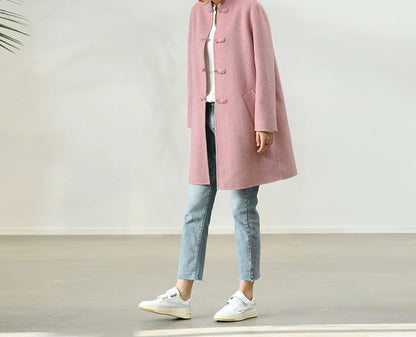 edoa Pink Double-faced Wool Chinese Coat 