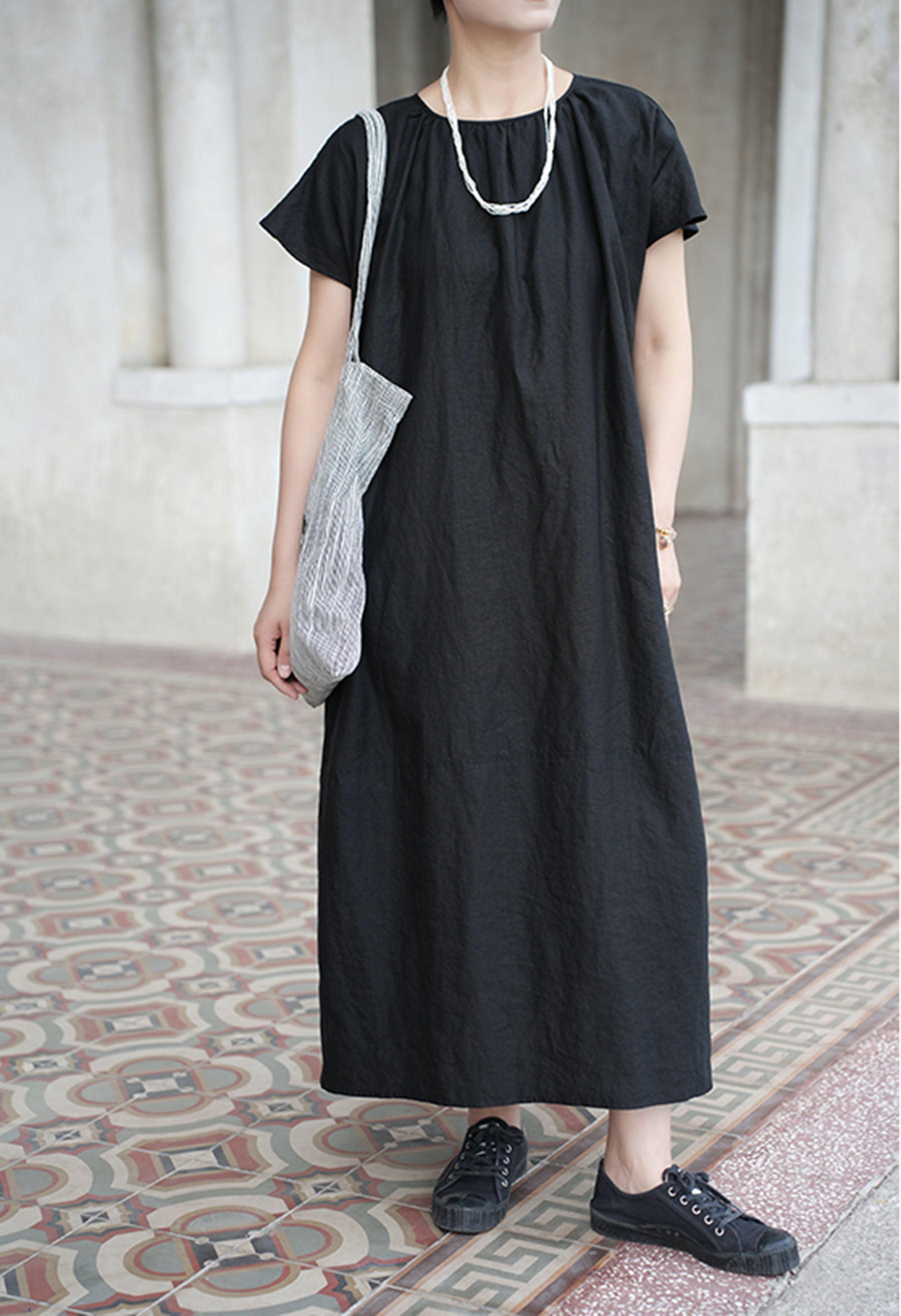 edoa Loose Linen Gathered Cocoon Dress