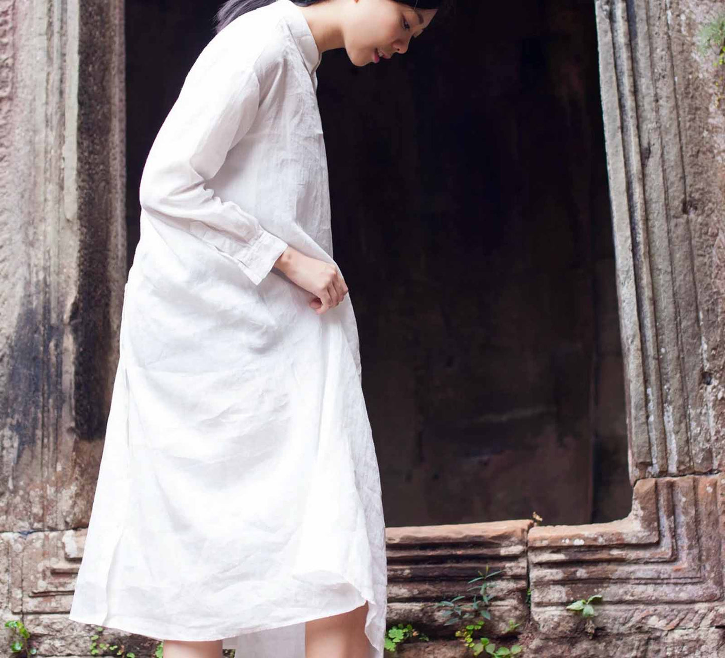edoa White Ramie Loose Fitting A Line Shirt Dress