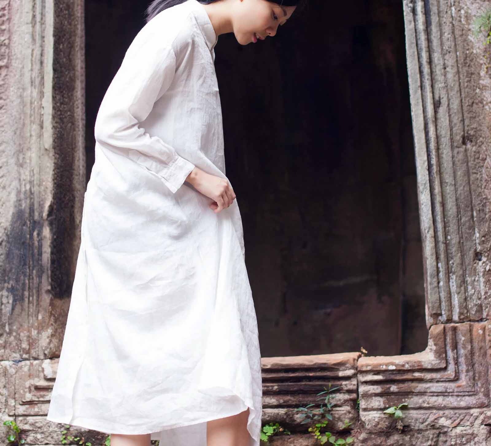 edoa White Ramie Loose Fitting A Line Shirt Dress