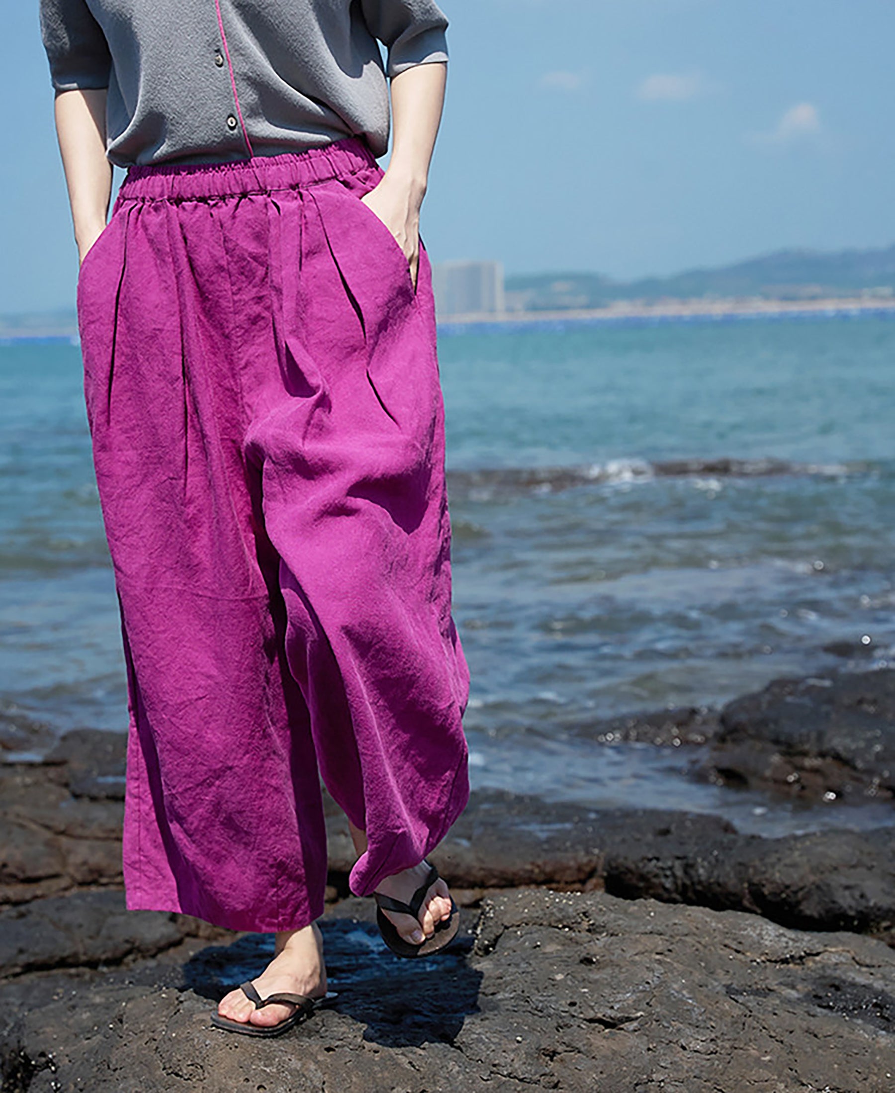 edoa Elasticated Washed Ramie Crop Pants