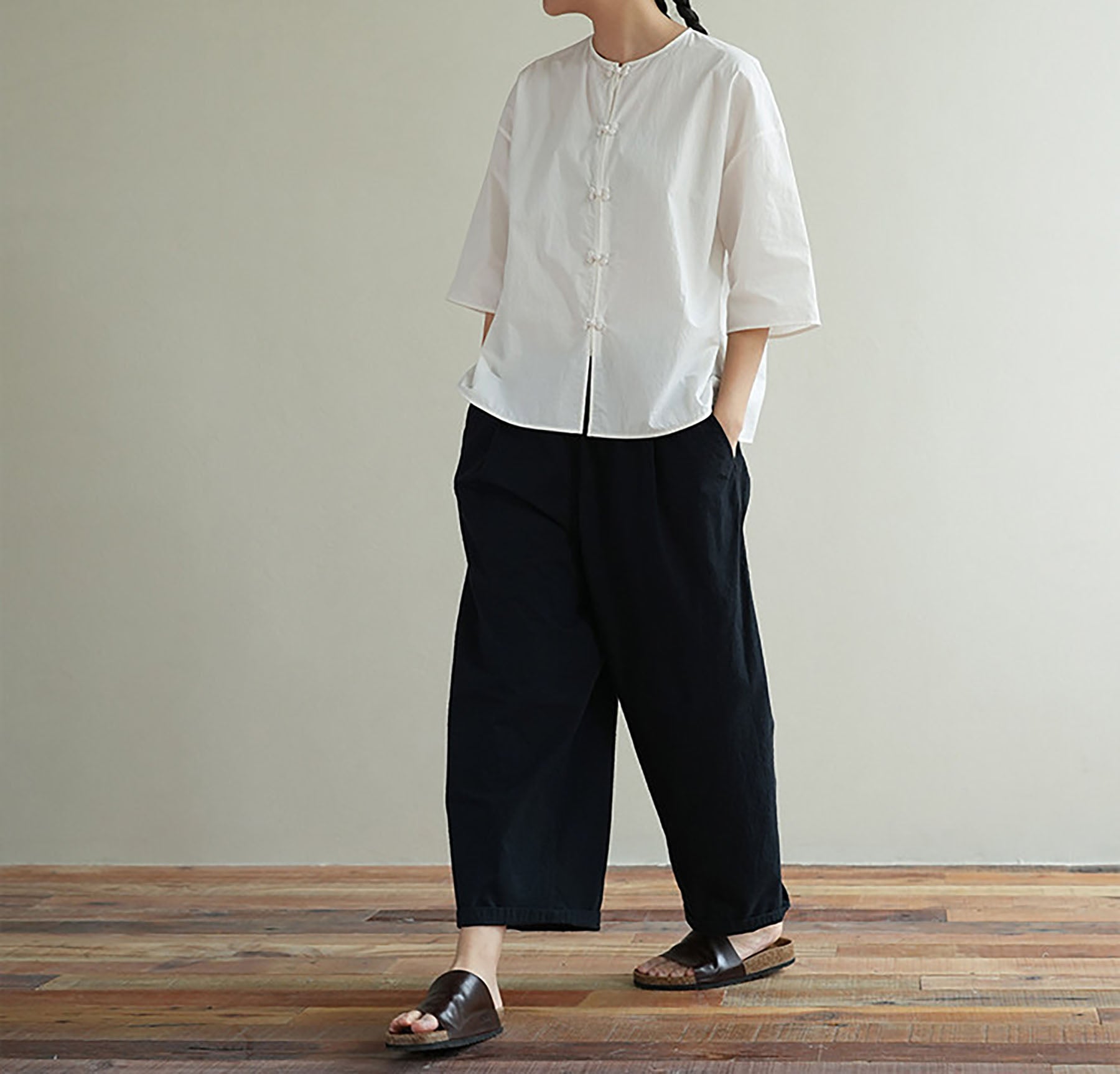 edoa 3/4 Sleeves Paper Cotton Round Neck Chinese Shirt 