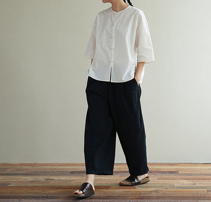 edoa 3/4 Sleeves Paper Cotton Round Neck Chinese Shirt 