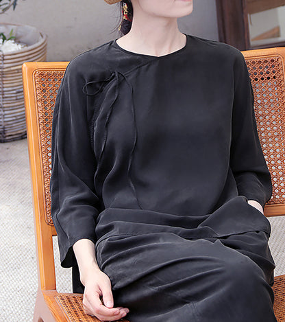 edoa Black Sand Washed Mulberry Silk Habotati Chinese Blouse