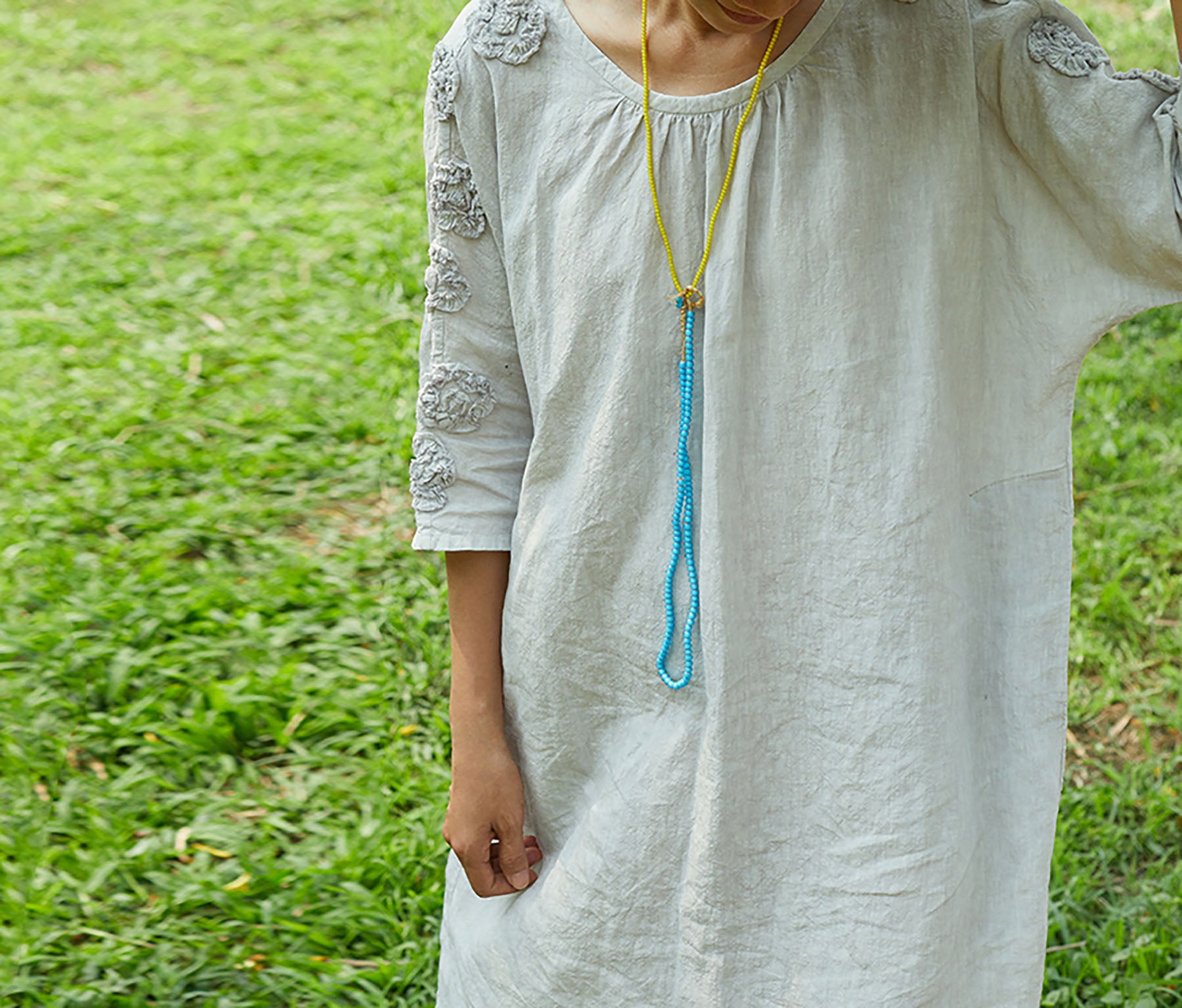 edoa Yarn Dyed Linen Tunic Dress with Handmade Tape embroidery