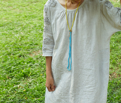 edoa Yarn Dyed Linen Tunic Dress with Handmade Tape embroidery